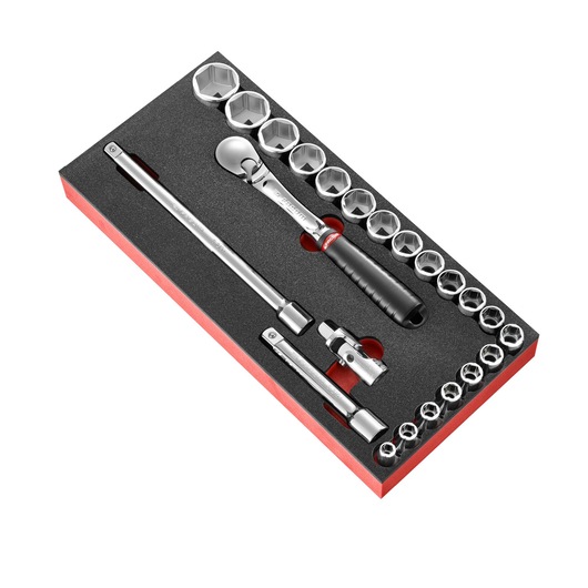 Facom MODM_SL161-36 socket and ratchet set in foam tray, angled view, silver tools with black handle.