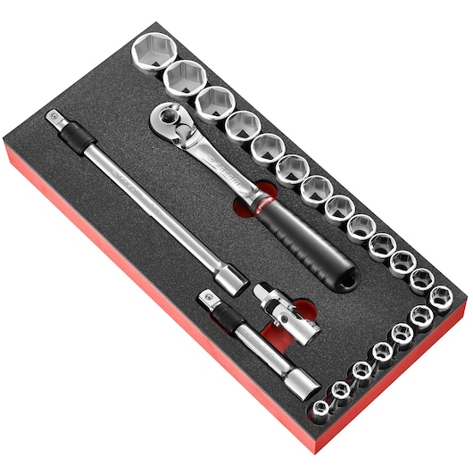 Facom MODM_SL171-36 socket wrench set in foam tray, top angle, includes ratchet, sockets, extension bars, and adapter.