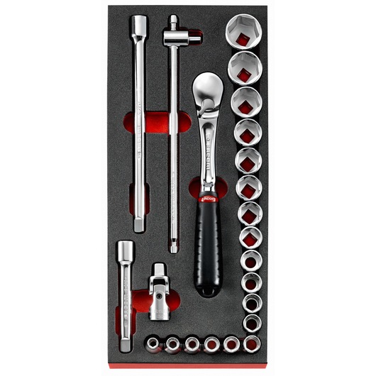 Facom MODM.SL1PB socket and ratchet set top view in foam tray with chrome sockets and black handle.