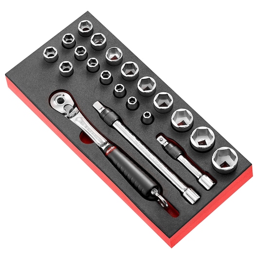 Facom MODM_SL1SLS socket set with ratchet and accessories, top angle on white background.