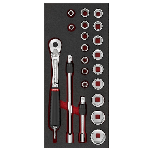 Facom MODM_SL1SLS socket wrench set with ratchet, three extension bars, and multiple sockets in foam tray, top view.
