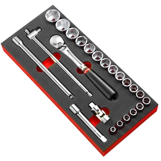 Facom MODM_SL1 socket wrench set in black foam tray, top angle, includes ratchet and various sockets.