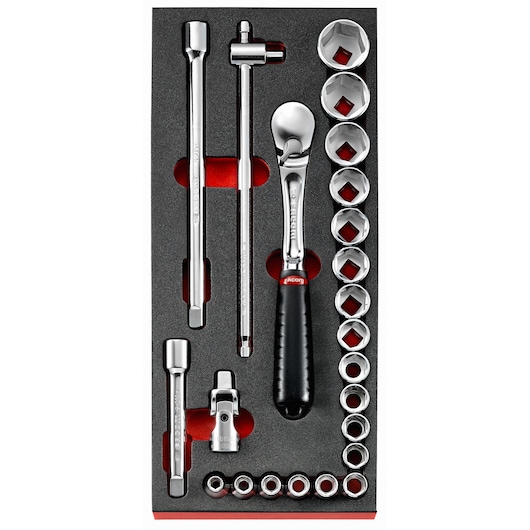 Facom MODM_SL1 socket wrench set with ratchet, extension bars, and sockets in foam tray, top view.