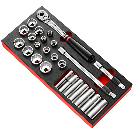 Facom MODM_SL2U socket and ratchet set with chrome sockets, ratchet, and extensions in black foam tray, angled view.