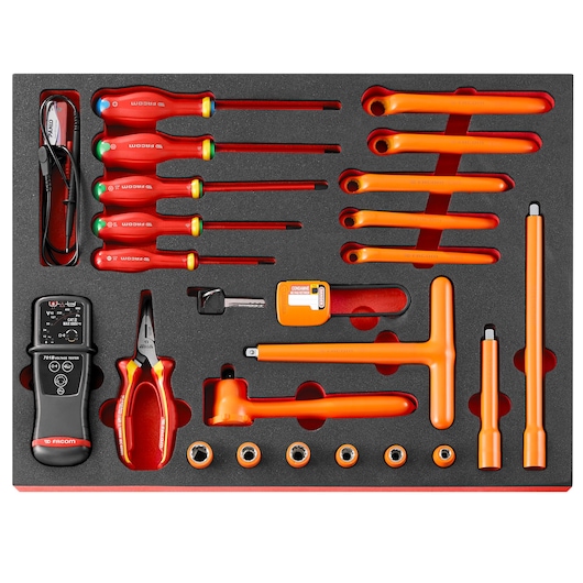 Facom MODM.VSEHYA insulated tool set photography, red and orange tools in foam tray, top-down angle.