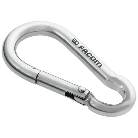 Facom MOUSQ6X60SLS silver metal snap hook carabiner, side angle, product photography.