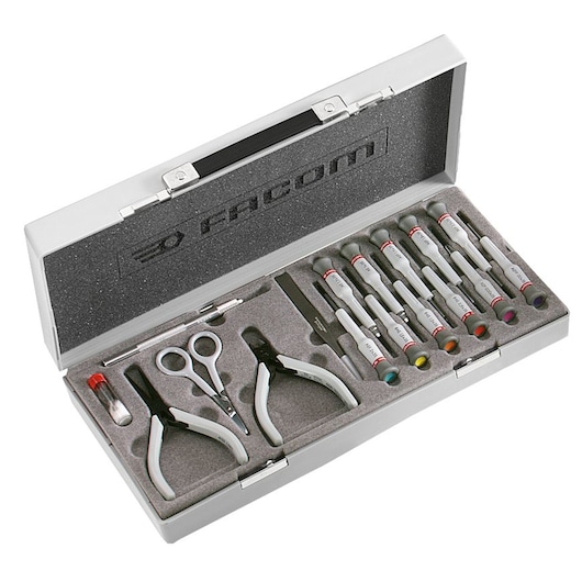 Facom MT_J1 precision tool kit in metal case with screwdrivers, pliers, scissors, and assorted hand tools, top angle.