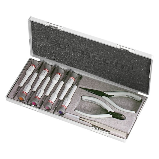 Facom MT_J3 precision tool set with six screwdrivers and two pliers in a foam-lined case, top angle.