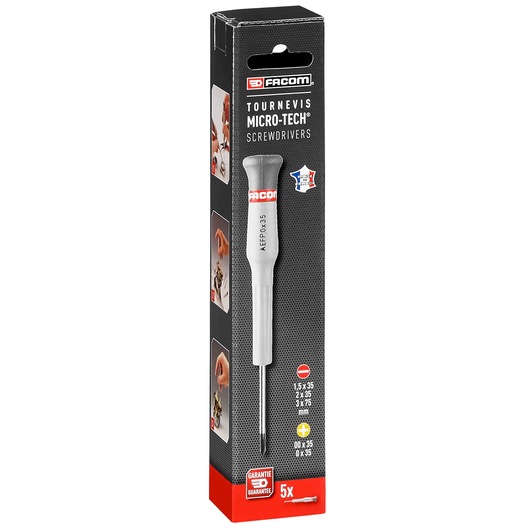 Facom MICROTECH_SET_5_PIECES precision screwdriver set box, black with screwdriver image, front angle.