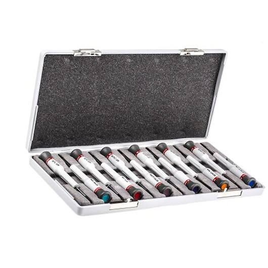 Facom precision screwdriver set MT_RS2 in open white case, nine screwdrivers arranged in foam tray, front angle.