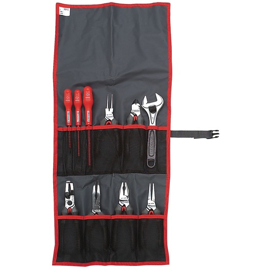 Facom tool roll N_38A-10C with assorted hand tools, red handles, front angle, photography.