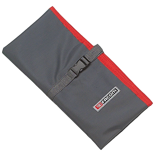 Facom gray tool roll with red trim and buckle strap, photography, N_38A-12C, top view.