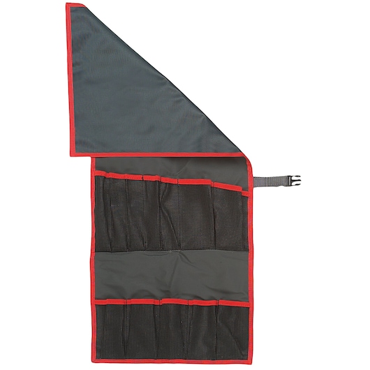 Facom N_38A-12C tool roll with mesh pockets, black and grey with red trim, top view on white background.