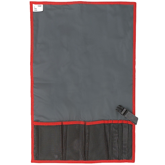 Facom N_38A-6F tool roll with gray fabric, red trim, black mesh pockets, and side buckle, top-down view.