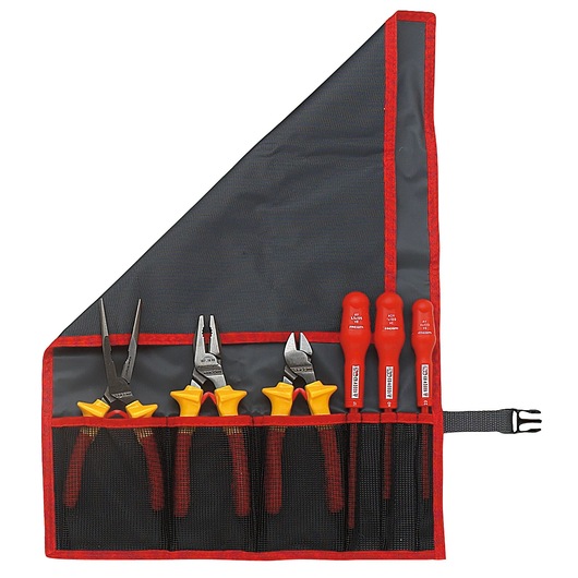 Facom N_38A-6F tool set with insulated pliers and screwdrivers in a black and red roll-up pouch, front view.