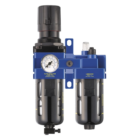 Facom air filter regulator and lubricator N_582 front angle, blue and black with pressure gauge.