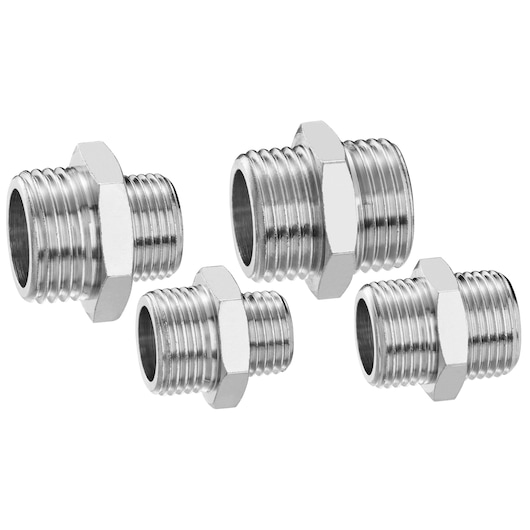 Facom N600 set of four metal hex nipple fittings, silver finish, side view, on white background.