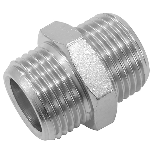Facom N600 metallic threaded fitting, plumbing connector, side angle photo on white background.