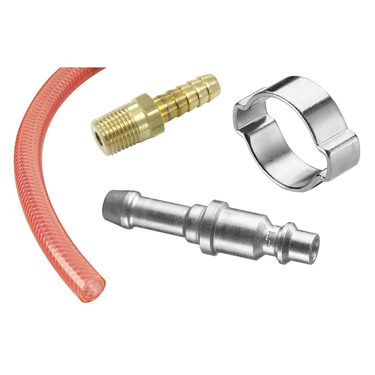 Facom N_641 hose, brass fitting, metal clamp, and connector, product photography, top view.