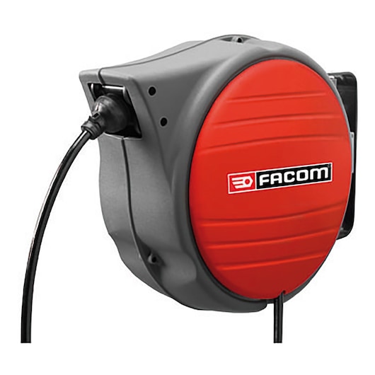 Facom N_709 retractable cable reel, red and gray, side angle, white background.