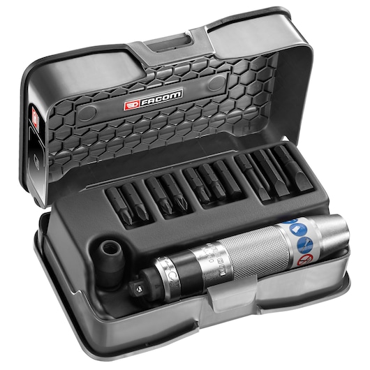 Facom NJ_261M screwdriver set with multiple bits in a black hard case, angled view on white background.