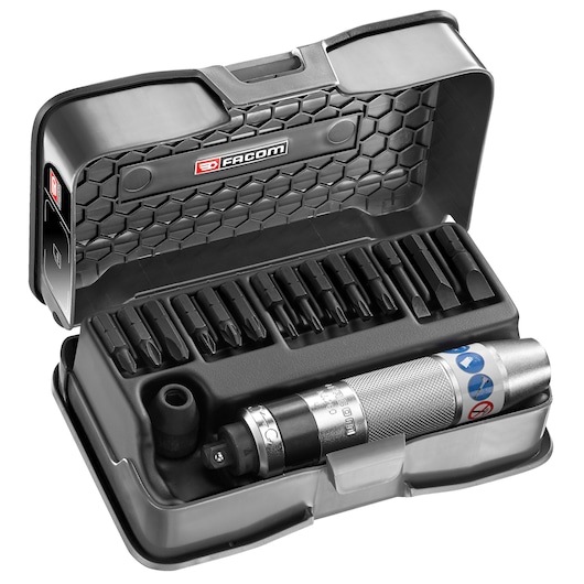 Facom NJ_262 impact screwdriver set with bits in a black case, photographed from a front angle.