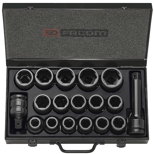 Facom NK_500E black socket set with extension bar in open case, top-down angle.