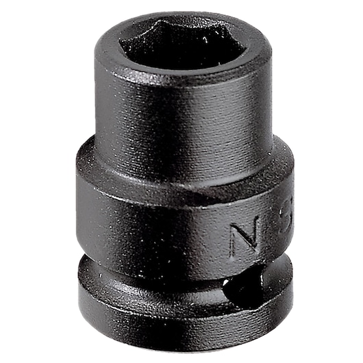 Facom NS_1P1_16A black impact socket, cylindrical shape, hexagonal opening, product photo, white background.