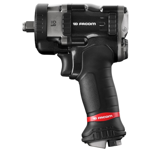 Facom NS2500G compact cordless impact wrench with LED, black and red, side view on white background.