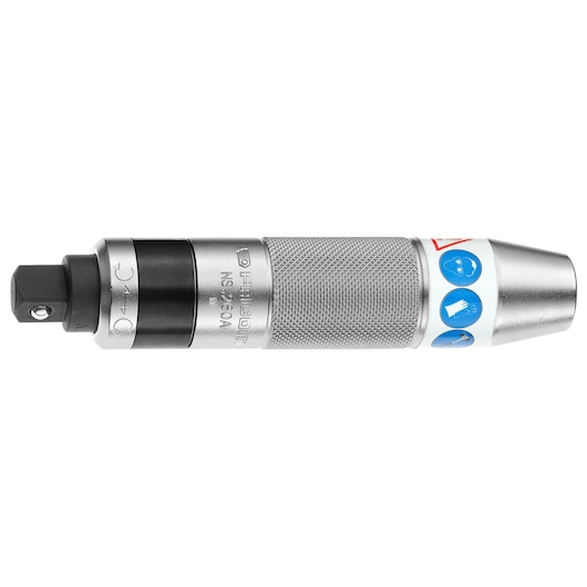 Facom NS260A impact screwdriver, silver and black, side view, textured handle and safety icons visible.