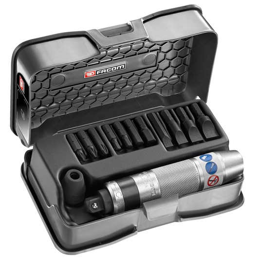 Facom NS_263M impact driver set with screwdriver bits in black hard case, top view.