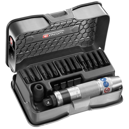Facom NS_265M photography of a black tool case with screwdriver bits and a metal impact driver, angled view.