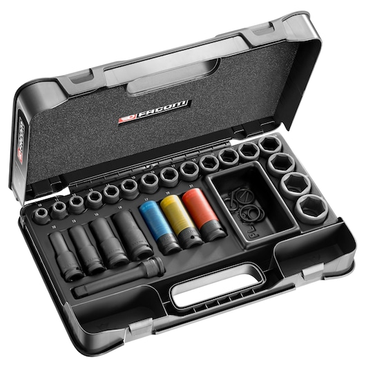 Facom NS.550BPB socket set with various sockets, impact sockets, and accessories in a black hard case, top angle.