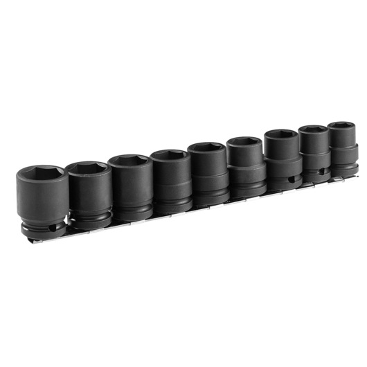 Facom NS_J9 set of nine black impact sockets on rail, photography, side angle, white background.