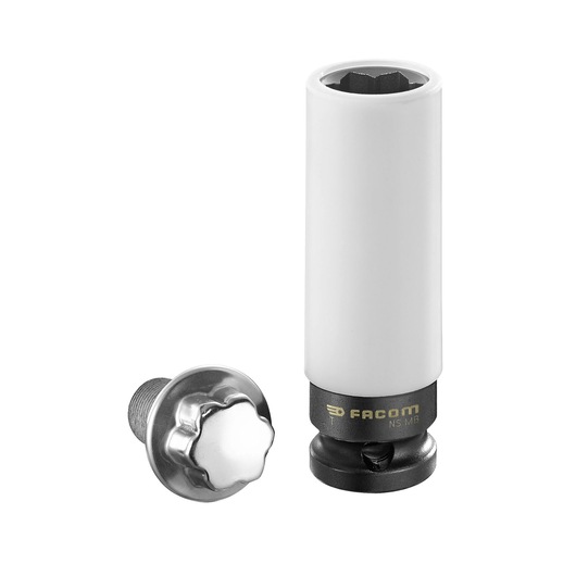 Photo of Facom NS_MB wheel lock nut socket and matching nut, white and black, on white background.