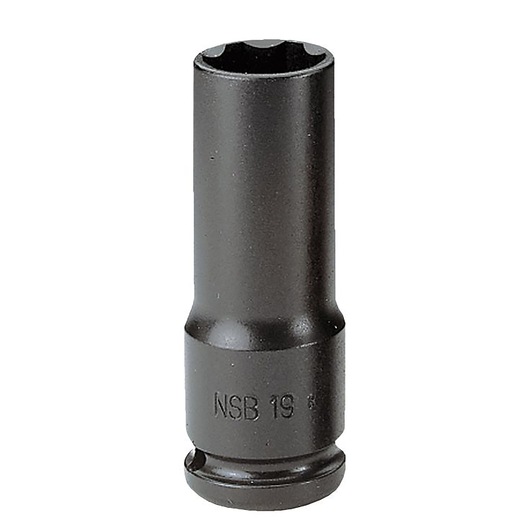 Facom NSB_19 black deep impact socket, front angle, cylindrical shape, hex drive, photography.