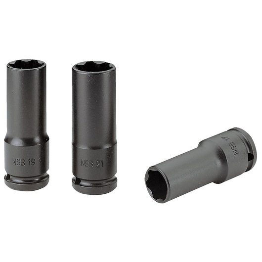 Facom NSB_3 set of three black deep impact sockets, standing and lying on white background.