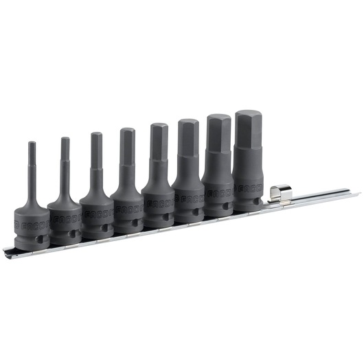Facom NSHMJ8 hex bit socket set, eight black sockets on rail, side view, tool photography.