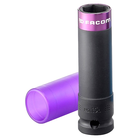 Facom NSI15L impact socket with purple ring and protective sleeve, product photo on white background.