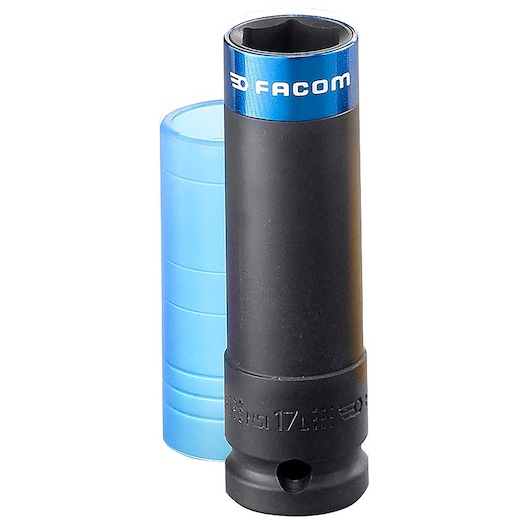 Facom NSI_17L deep impact socket with blue plastic protective sleeve, front angle on white background.