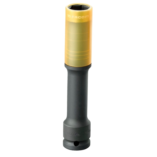 Facom NSI_19EL long impact socket with yellow protective sleeve, photographed upright on white background.