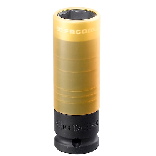 Facom NSI_19L socket tool with yellow protective sleeve, front angle, product photography.