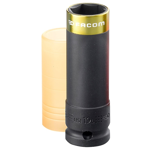 Facom NSI_19L black and gold impact socket with protective sleeve, front angle on white background.