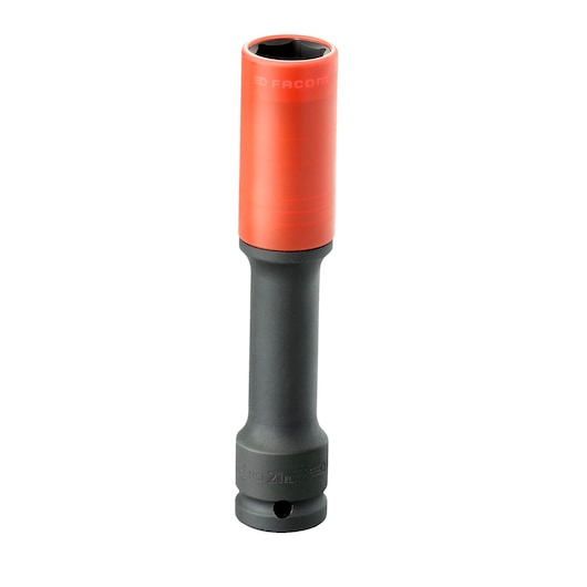 Facom NSI21EL long impact socket, red and black, photographed on white background, front angle.