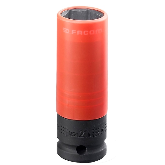 Facom NSI21L socket with red protective sleeve, photography, straight angle, tool accessory.