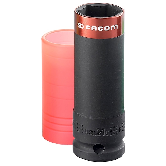 Facom NSI21L black and red deep impact socket with protective red sleeve, product photography on white background.