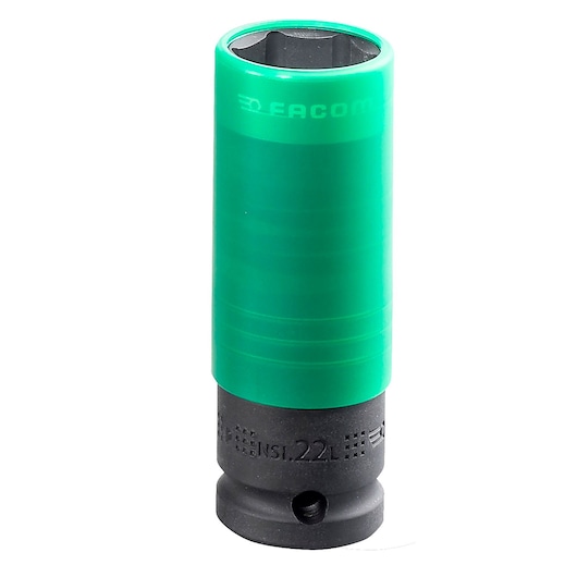 Facom NSI_22L green protective impact socket, front angle, with black base.