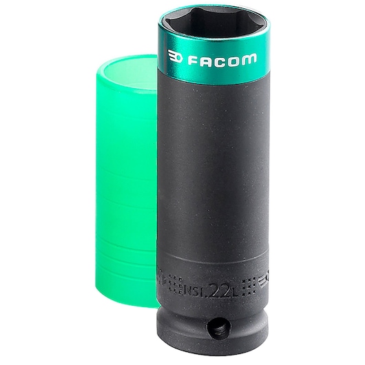 Facom NSI_22L black and green long impact socket, front angle, with protective sleeve.