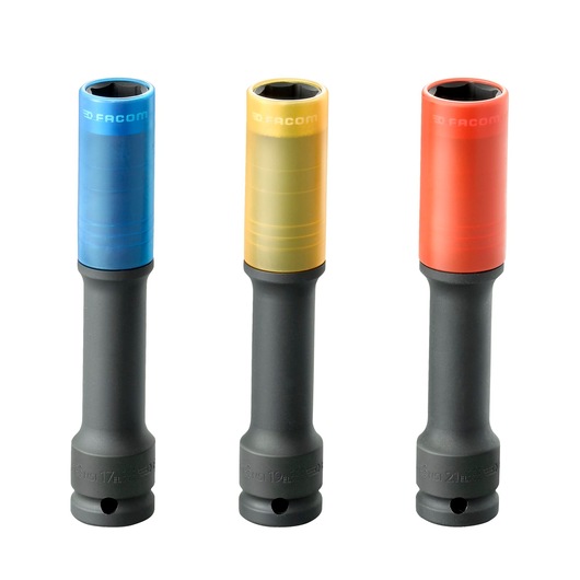 Facom NSI_3EL socket set with blue, yellow, and red sleeves, photography, front angle