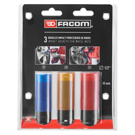 Facom NSI.3LPB impact socket set, three colored sockets for wheel nuts in plastic packaging, front view.